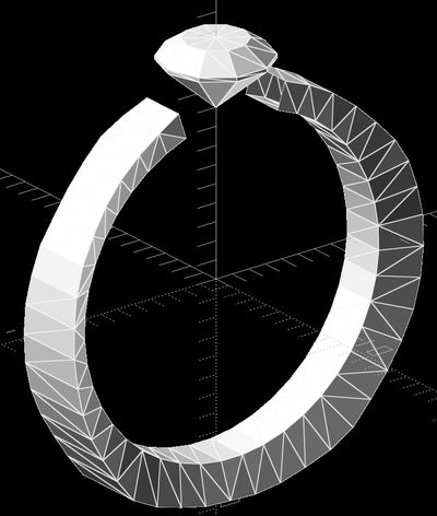 Low-resolution 3D polyhedron model of the ring, hundreds of manually triangulated points forming the band and a rough diamond shape on top