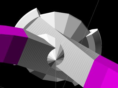 3D model of the ring's two claws overlapping and cutting through each other and the diamond - an early, failed design