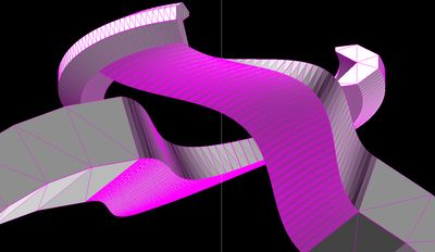 3D model of the claw shape deformed with cosine and tangent curves, still square-edged and disconnected from the ring's side